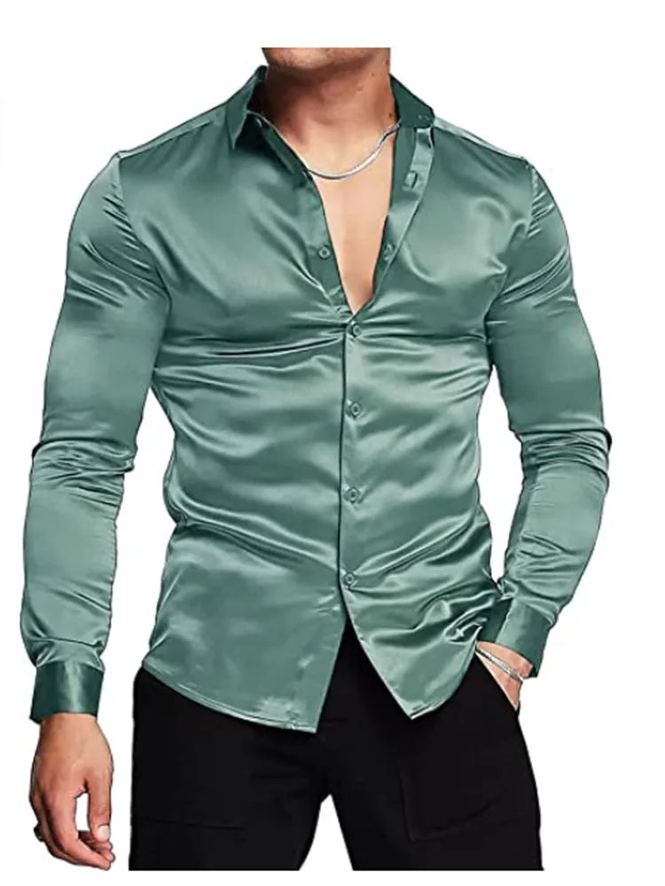 maoxiangshop Men's luxurious shiny silk satin dress shirt Long sleeved casual slim muscle button-down shirt Plus size S-3XL