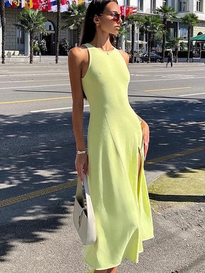 maoxiangshop Knitting Split Women Dress Sexy Slim Sleeveless Hip Package Midi Dresses Female Spring Summer Fashion Solid Ladies Vestido