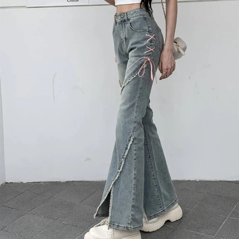 maoxiangshop American Split Jeans Women Pink Bandage High Waist Irregular Spliced Denim Pants Zipper Fly Trousers Y2k Pantalon Femme