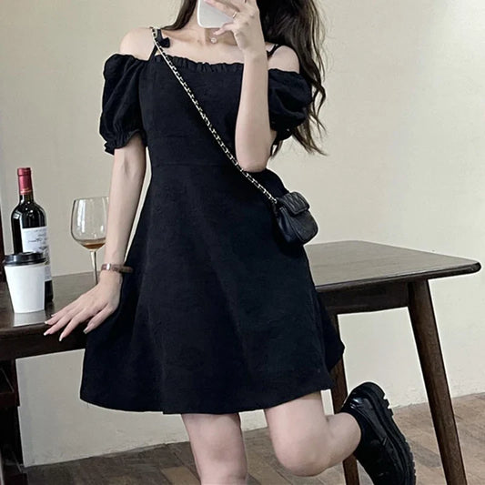 maoxiangshop New Women Vogue Off Shoulder Dress Lady Kawaii Bowknot Holiday Casual Dress Female Gentle Cutecore Elastic Puff Sleeve Dress