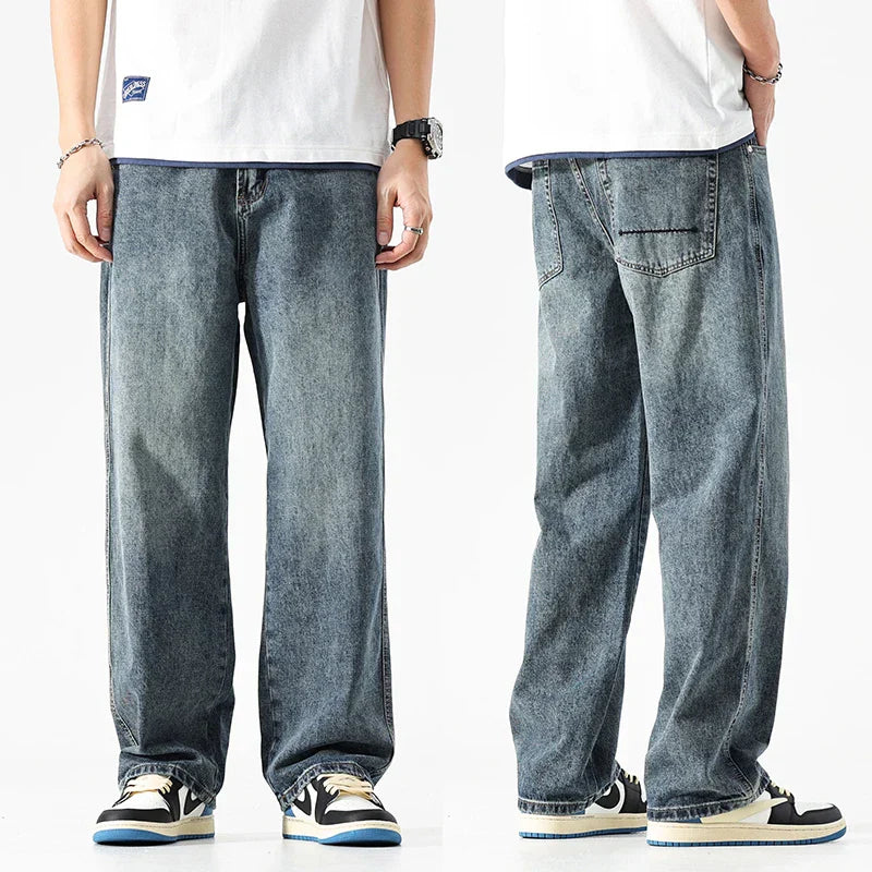 maoxiangshop Baggy Jeans Men Wide Leg Pants Dark Blue Denim Pants Straight Cut Oversize Pants Korean Style Trousers For Men Clothing