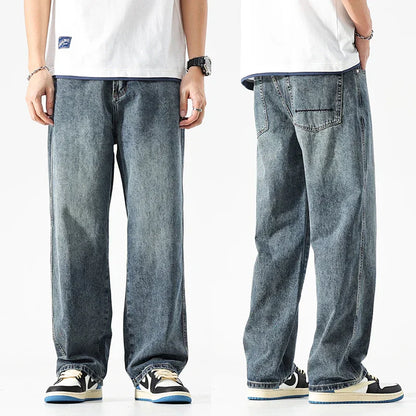 maoxiangshop Baggy Jeans Men Wide Leg Pants Dark Blue Denim Pants Straight Cut Oversize Pants Korean Style Trousers For Men Clothing