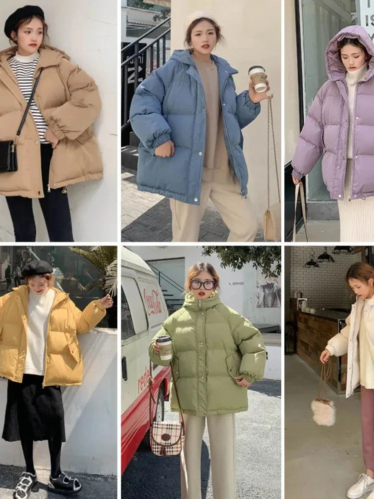 maoxiangshop Women Short Jacket Winter Thick Hooded Cotton Padded Coats Female Korean Loose Puffer Parkas Ladies Oversize Outwear