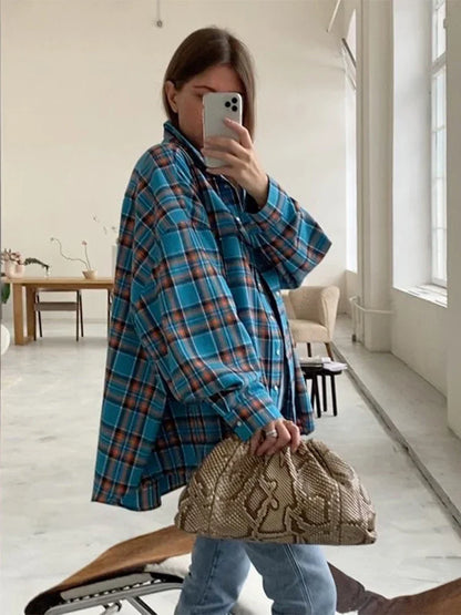 maoxiangshop -  Vintage Plaid Blouses Womans Loose Long Sleeve Shirt Autumn Winter Casual Single Breasted Shirt with Pockets Female Tops