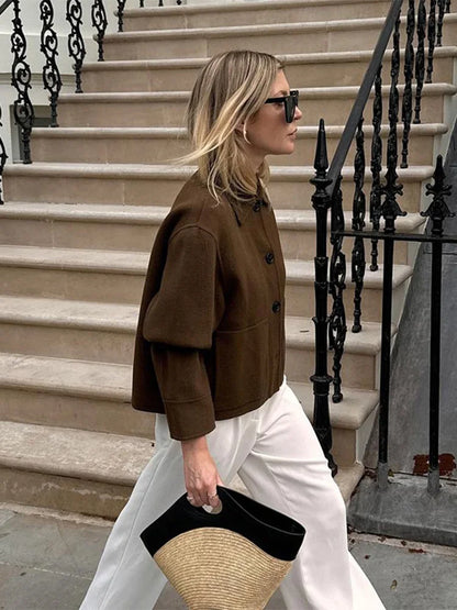 maoxiangshop  -  Elegant Women Solid Single Breasted Short Coat Chic Lapel Long Sleeves Pocket Cropped Overcoats Autumn Lady Commuting Outwear