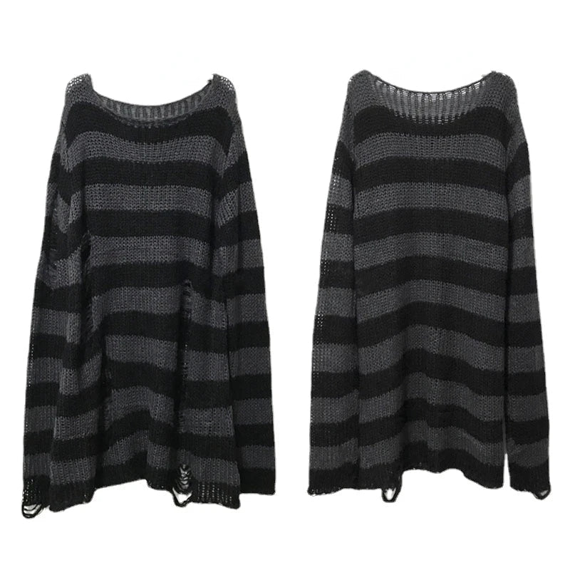 maoxiangshop New Punk Gothic Long Unisex Sweater Summer Women Striped Cool Hollow Out Hole Broken Jumper Loose Rock Thin Dark Streetwear Top