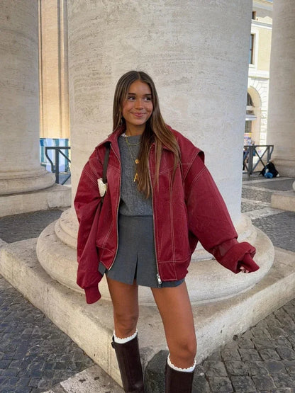 maoxiangshop  -  Chic Wine Red Leather Contrast Stitch Jacket Fashion Oversized Zipper Long Sleeve Women Coat 2024 Autumn Casual Office Outerwear