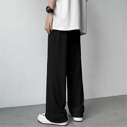 maoxiangshop Summer Texture Straight Pants For Men Korean Fashion Baggy Wide-leg Trousers Casual Drape Pleated Striped Y2K Pantalones Hombre