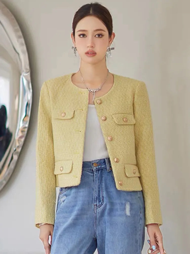 Autumn Winter Small Fragrant Tweed Jacket Coat Women Vintage Woolen Short Coats Streetwear Elegant Casual Slim Outwear Crop Top