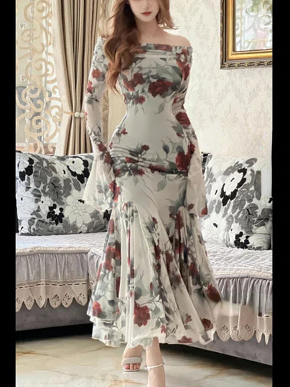 2024 Summer French Vintage Boho Print Midi Dress Women Casual Elegant One Shoulder Dress Korean Fashion Even Party Female Chic