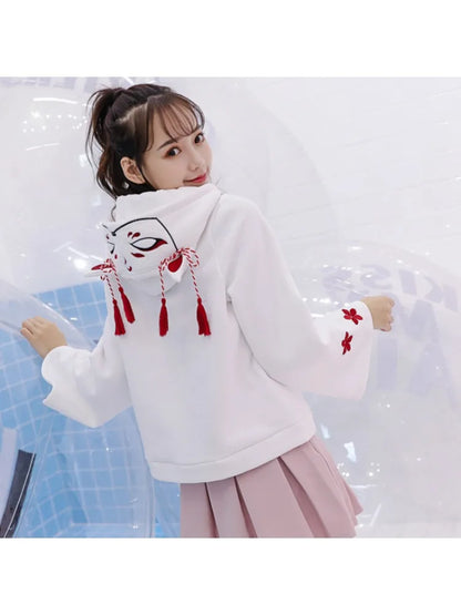 Women Harajuku Embroidery Hooded Sweatshirts Long Sleeve Black White Drawstring Hoodies 2023 Sweet Girls' Pullovers