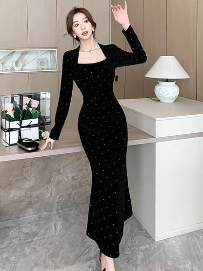 maoxiangshop Autumn Winter Red Velvet Diamonds Square Collar Long Dress Women Elegant Luxury Festival Dress Gown 2024 Korean Vintage Vestidos