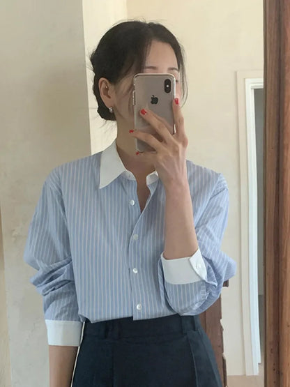 maoxiangshop Striped Shirt Women Contrast Color Casual Blouse Female Lapel Long Sleeve Chic Shirts Ladies Fashion Loose Office Shirt Spring