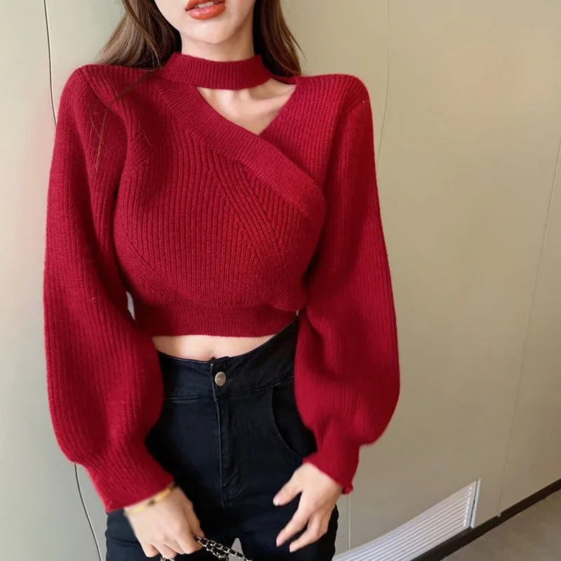 maoxiangshop Women Christmas Sweater Autumn Winter Long Sleeved Sweater Warm V-neck Off Shoulder