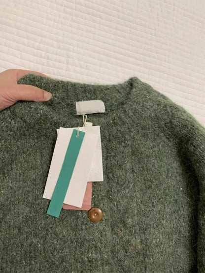 maoxiangshop  -  Retro Green Casual Knitted Jacket Women's Autumn And Winter New Round Neck Loose Single Breasted Short Top