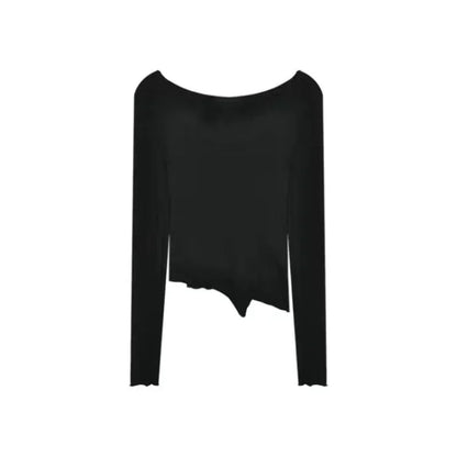 maoxiangshop Long Sleeve T-shirts Women Fungus Line Irregular Hem Knitted Slender Autumn Bottoming Tees Chic Fashion Sexy Solid Ulzzang New