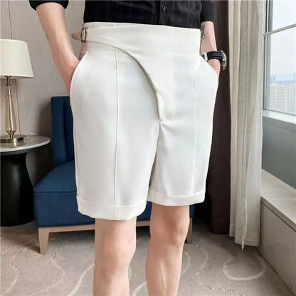 maoxiangshop British Style Casual Suit Shorts Mens Waist Buckle Button Naples Knee Length Pants Summer Thin Fashion Business Slim fit Shorts