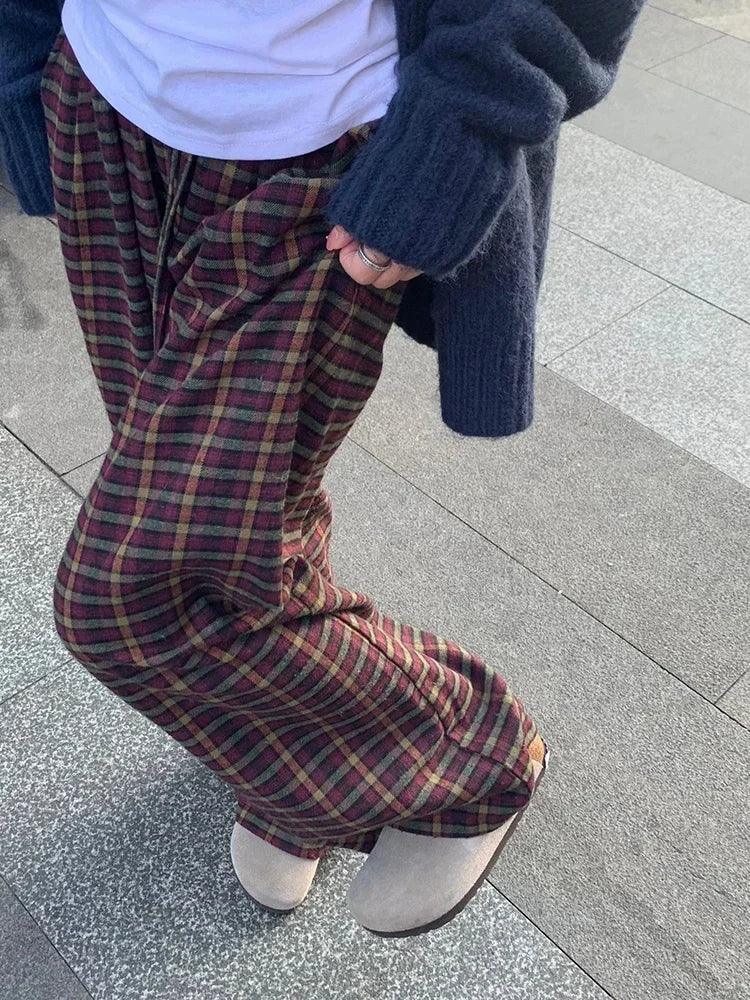 maoxiangshop  -  2024 Streetwear Sweet Plaid Pants Women Autumn Y2k Aesthetic Drawstring Casual Trousers High Waist Harajuku All Match Pantalones