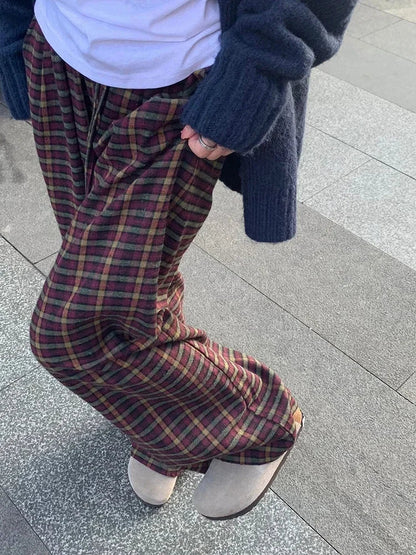 maoxiangshop  -  2024 Streetwear Sweet Plaid Pants Women Autumn Y2k Aesthetic Drawstring Casual Trousers High Waist Harajuku All Match Pantalones