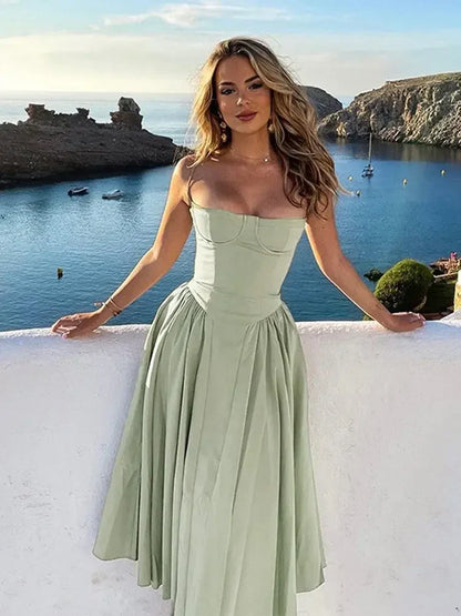 Elegant Women Solid Sling Long Pleated Dress Chic Sleeveless Backless A-line Dresses 2024 Summer Party Club Evening Robes