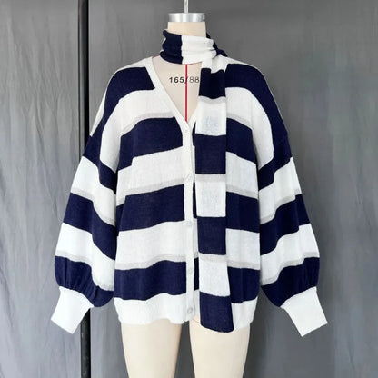 maoxiangshop  -  Striped Knit Sweater Cardigan With Scarf Women Casual V Neck Lantern Sleeve Coat 2024 Autumn Chic Contrast Lady Fashion Knitwear