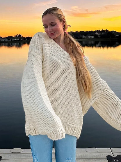 maoxiangshop  -   Loose Big V Neck knitted Sweater For Women Casual Solid Color Pullovers Top Long Sleeve Hollow Top Autumn Winter New 2024