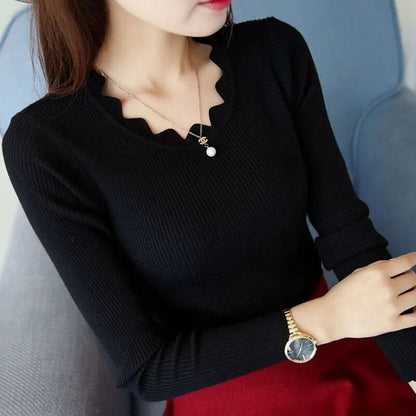 maoxiangshop Casual Solid Sweater Women Knitted Slim White Pullover Long Sleeve Tops Autumn Winter Butterfly Neck Jumper Female