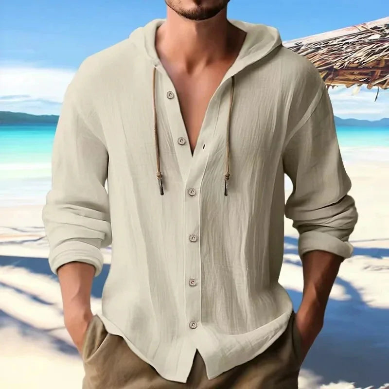 maoxiangshop Summer Men's Linen Shirt Solid Streetwear Long Sleeve Hoodie Cardigan Clothing For Men Button Tops Casual Loose Men Hooded Shirt