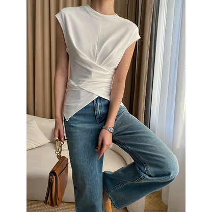 maoxiangshopTrendy niche design cross strap shoulder pads cotton T-shirt top early spring