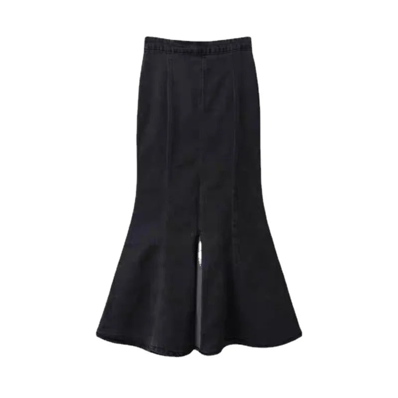 maoxiangshop Black Denim Long Skirt Women Vintage High Waist Split Bodycon Ruffles Pencil Mermaid Midi Skirt Summer Japanese Fashion