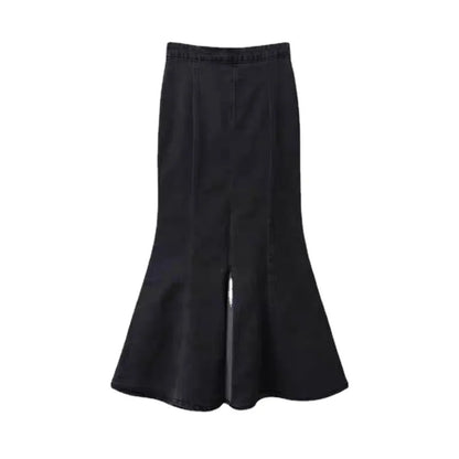 maoxiangshop Black Denim Long Skirt Women Vintage High Waist Split Bodycon Ruffles Pencil Mermaid Midi Skirt Summer Japanese Fashion