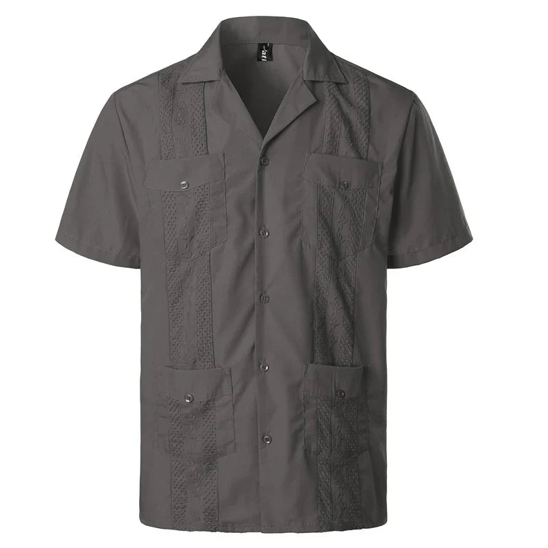maoxiangshop Men's Traditional Cuban Camp Collar Guayabera Shirt Short Sleeve Embroidered Mexican Caribbean Style Beach Shirt with 4 Pocket