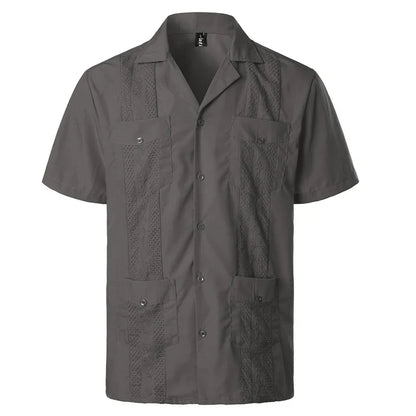 maoxiangshop Men's Traditional Cuban Camp Collar Guayabera Shirt Short Sleeve Embroidered Mexican Caribbean Style Beach Shirt with 4 Pocket