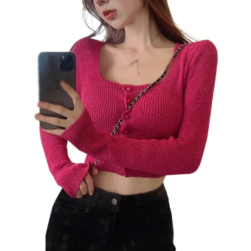 Women Autumn Long Sleeve Sweater Square Neck Slim Crop Top Female Winter Korean Solid Short Button Knitted Tops Chic Sweaters