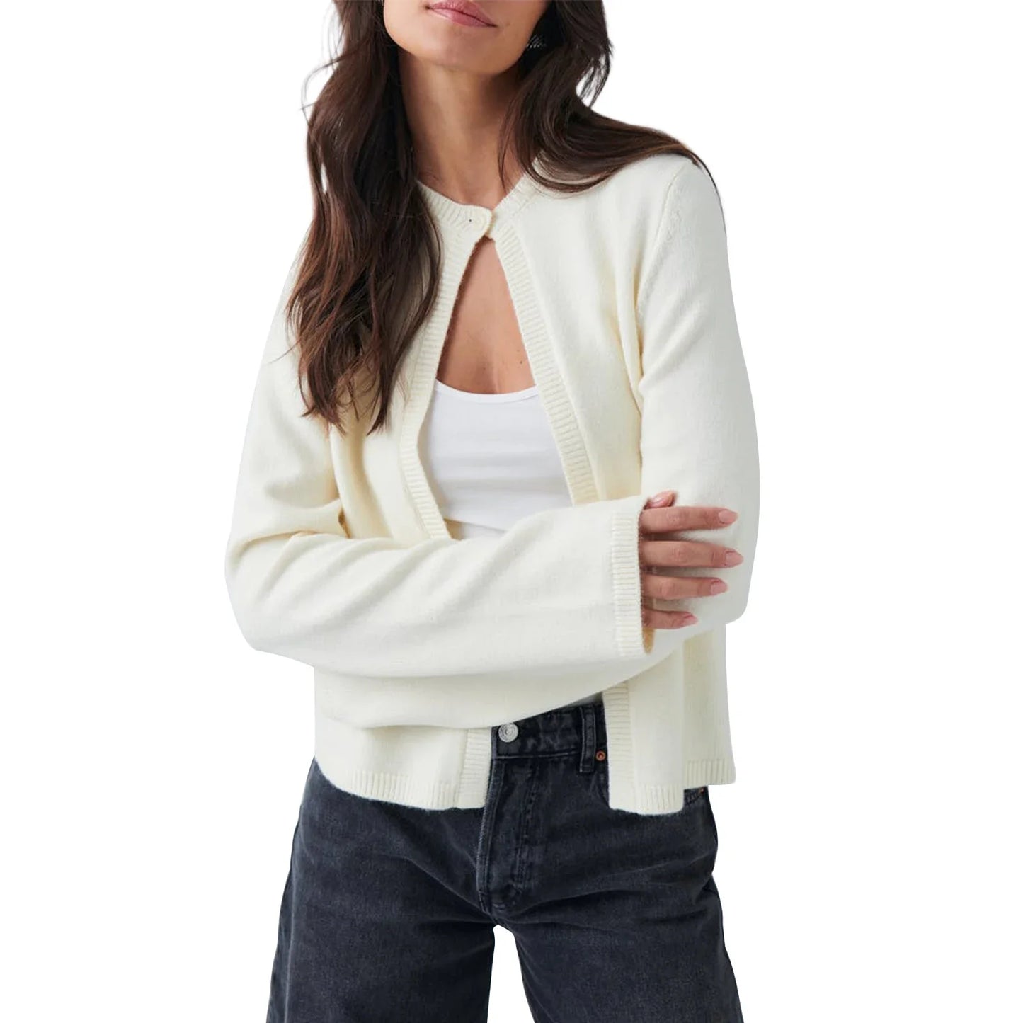 maoxiangshop  -  Women One Button Knit Cardigan 2024 Autumn Knitwear Round Neckline Long sleeve Solid Color Cardigan Rib Jumpers