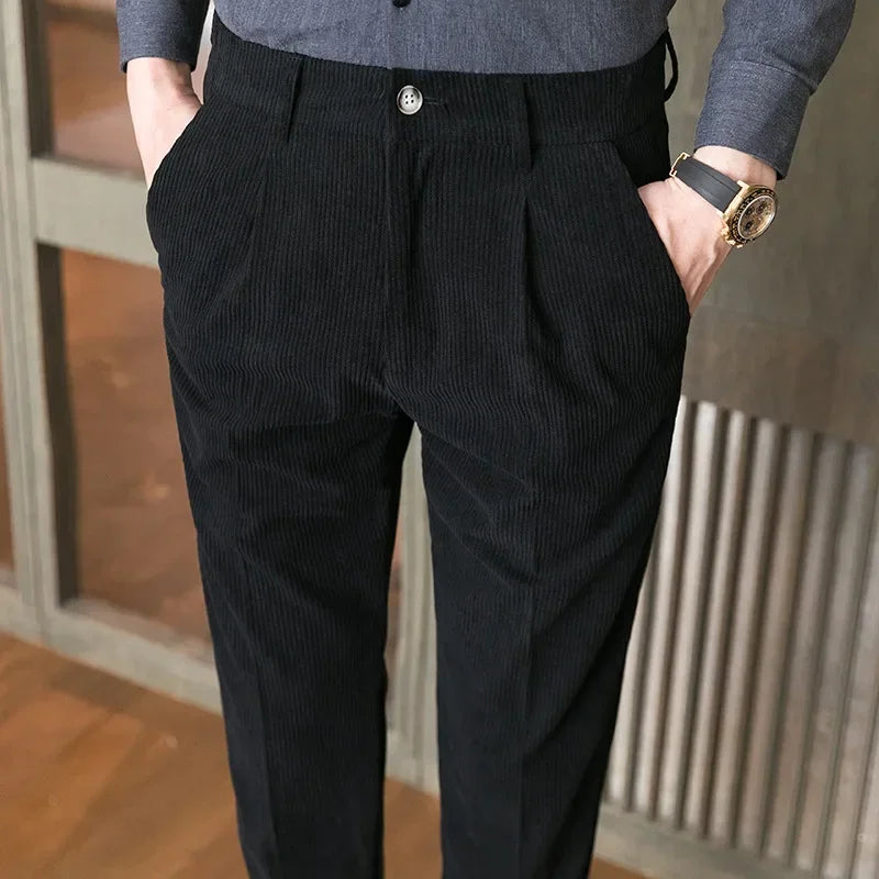 maoxiangshop British Style Men High Waist Casual Dress Pant Men Belt Design Slim Trousers Formal Office Social Wedding Party Dress Suit Pants