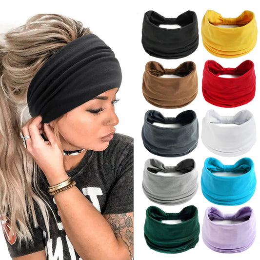 maoxiangshop New Boho Solid Color Wide Headbands Vintage Knot Elastic Turban Headwrap for Women Girls Cotton Soft Bandana Hair Accessories