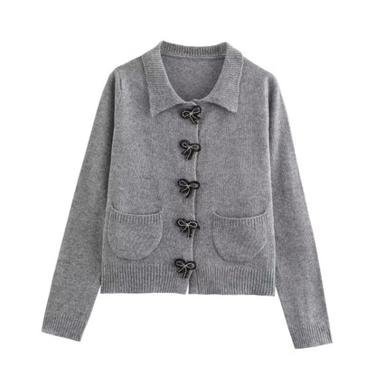 maoxiangshop  -  Fashion Bow Cropped Knitted Cardigan Women Ribbed Coat Long Sleeve Button Short Sweaters Women 2024 Autumn Knitwears Jacket Top