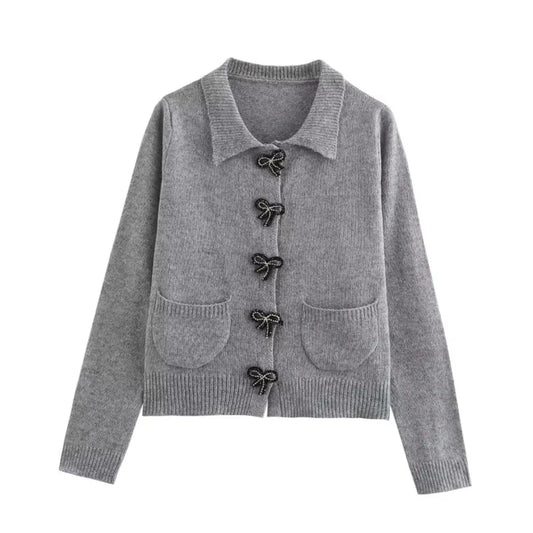 maoxiangshop  -  Fashion Bow Cropped Knitted Cardigan Women Ribbed Coat Long Sleeve Button Short Sweaters Women 2024 Autumn Knitwears Jacket Top