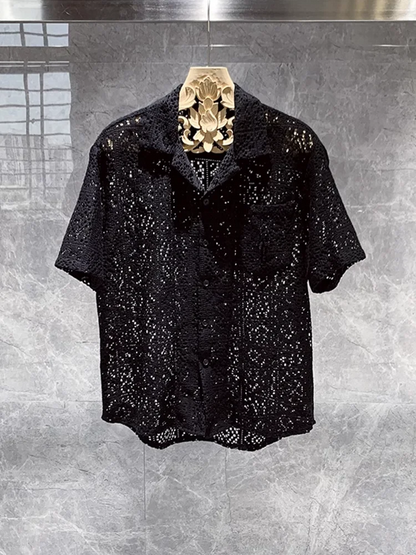 maoxiangshop Summer Mens Hollow Out Crochet Beach Shirt Short Sleeve Single Breasted Loose Fit Tops Vintage Breathable Night Clubwear Shirts