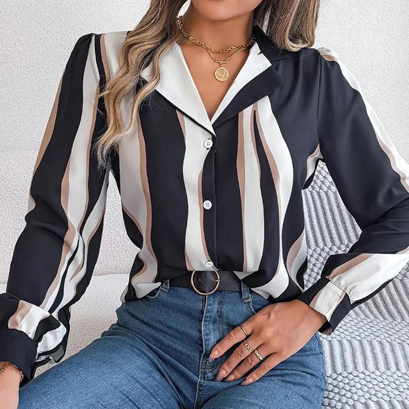 maoxiangshop Elegant Striped Women's Shirt Autumn Puff Long Sleeve Tops Youth Black Shirts & Blouses Casual Button Blouse New Collection