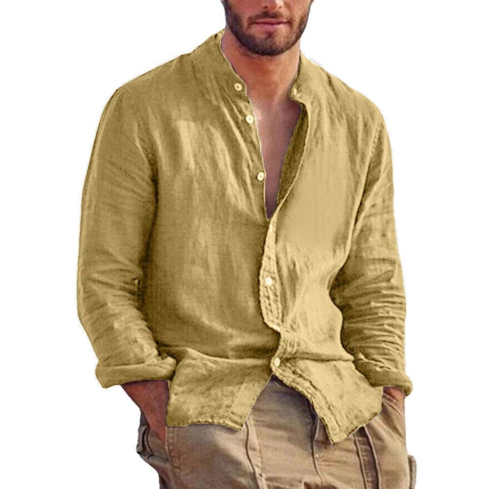maoxiangshop New Men's Solid Color Long Sleeve Shirt Linen Cotton Shirts Trend Plus-size Stand Collar Casual Lightweight Beach Tops