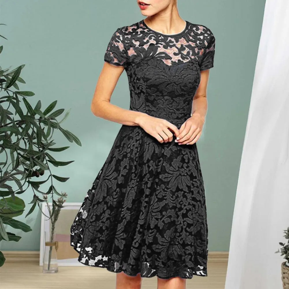 maoxiangshop Women Summer Dress See-through Hollow Out Lace Party Mini Dress Round Neck A-line Plus Size Prom Dress Women Clothes