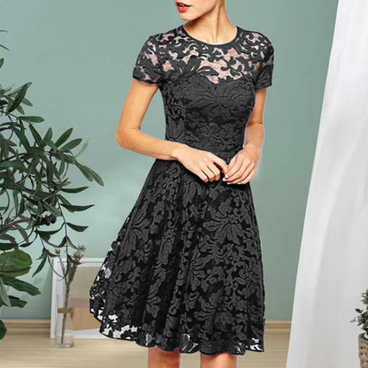 maoxiangshop Women Summer Dress See-through Hollow Out Lace Party Mini Dress Round Neck A-line Plus Size Prom Dress Women Clothes