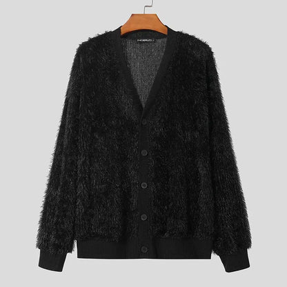 maoxiangshop Men Sweaters Solid Color Plush V Neck Long Sleeve Casual Cardigan Men Streetwear Fashion Leisure Knitted Outerwear
