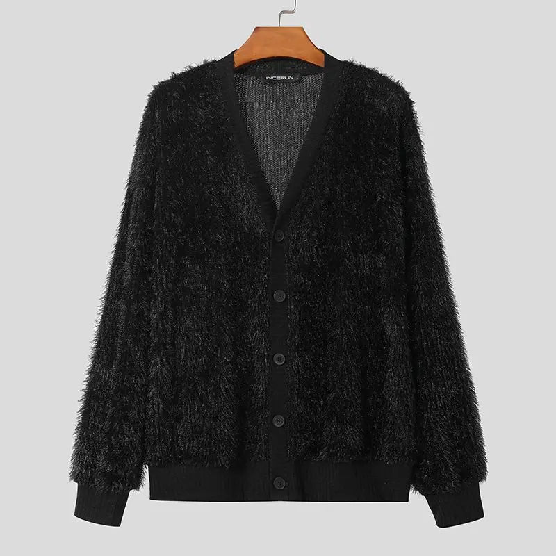 maoxiangshop Men Sweaters Solid Color Plush V Neck Long Sleeve Casual Cardigan Men Streetwear Fashion Leisure Knitted Outerwear