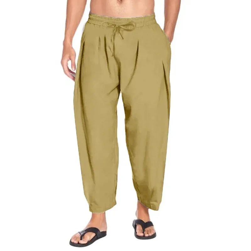 maoxiangshop Summer Mens Harem Pants Men Linen Lightweight Streetwear Solid Color Cotton Trousers Beach Track Pants Breathable Pants for Men
