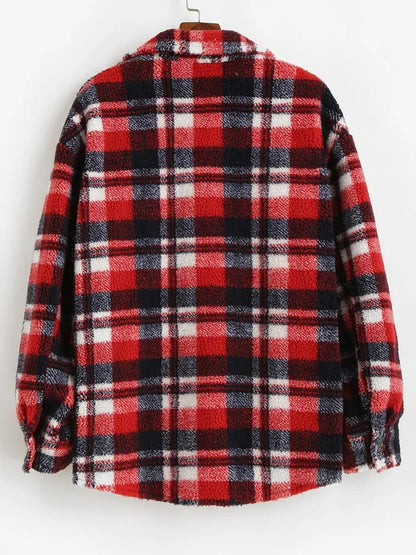 maoxiangshop Plaid Jacket for Men Fluffy Fleece Shirt Jacket with Pocket Button-up Faux Fur Sherpa Streetwear Topcoats