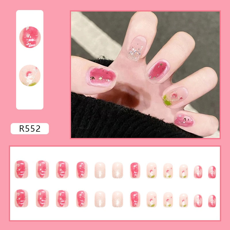 24pcs French Fake Nails Short Art Nail Tips Press Stick on False with Designs Full Cover Artificial Pink Wearable Clear Tips