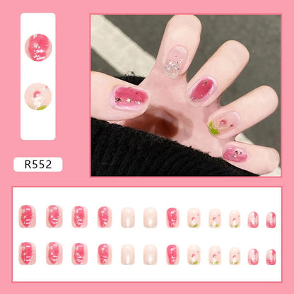 24pcs French Fake Nails Short Art Nail Tips Press Stick on False with Designs Full Cover Artificial Pink Wearable Clear Tips